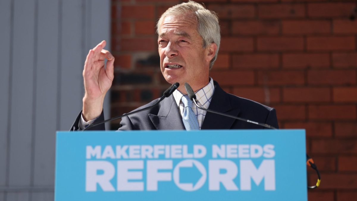 ASHTON IN MAKERFIELD, ENGLAND - JUNE 10: Reform UK Leader Nigel Farage speaks at a press conference for the Reform candidate Robert Kenyon ahead of the Makerfield by-election on June 10, 2026 in Ashton in Makerfield, England. Local plumber and gas engineer Robert Kenyon is the official Reform UK candidate contesting the Makerfield by-election on 18 June 2026. He is the primary challenger to the Labour Party candidate, Greater Manchester Mayor Andy Burnham. (Photo by Ryan Jenkinson/Getty Images)