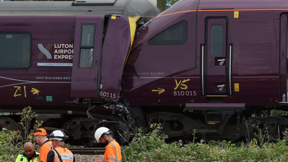 The scene just south of the Elstow interchange between the A421 and the A6 in Bedford South after two East Midlands Railway (EMR) trains were involved in a collision around 5.15pm on Friday. One person has died, 28 people are still in hospital with nine in a critical condition after after two passenger trains collided near Bedford. Picture date: Saturday June 20, 2026. PA Photo. Photo credit should read: Chris Radburn/PA Wire