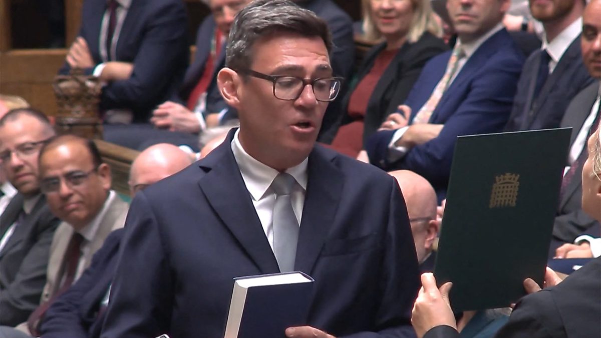 In this video grab taken from footage broadcast by the UK Parliamentary Recording Unit (PRU) via the Parliament TV website on June 22, 2026, new Labour Party MP for Makerfield, Andy Burnham is sworn in after his win in the recent by-election. (Photo by PRU / AFP via Getty Images) / RESTRICTED TO EDITORIAL USE - NO USE FOR ENTERTAINMENT, SATIRICAL, ADVERTISING PURPOSES - MANDATORY CREDIT 