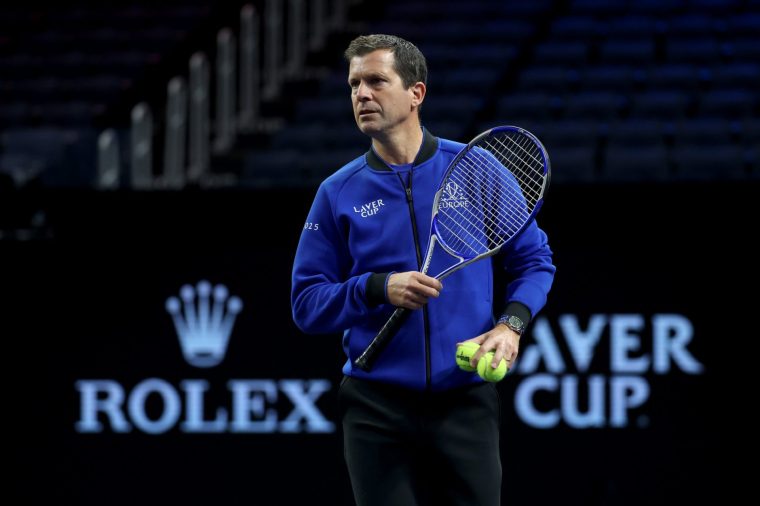 SAN FRANCISCO, CALIFORNIA - SEPTEMBER 17: Team Europe Vice Captain Tim Henman looks on during a practice session prior to the start of the Laver Cup 2025 at Chase Center on September 17, 2025 in San Francisco, California. (Photo by Clive Brunskill/Getty Images for Laver Cup)