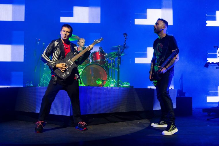 LONDON, ENGLAND - APRIL 03: (EDITORIAL USE ONLY) Matt Bellamy, Dominic Howard and Chris Wolstenholme of Muse perform during their performance at O2 Academy Brixton on April 03, 2026 in London, England. (Photo by Joseph Okpako/WireImage)