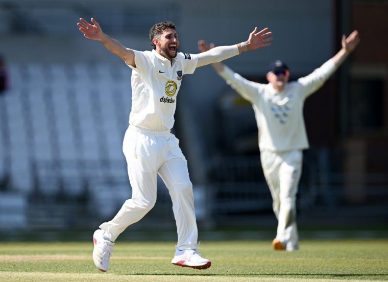 LEEDS, ENGLAND - APRIL 26: Fynn Hudson-Prentice of Sussex successfully appeals for the wicket of Finlay Bean of Yorkshireduring the Rothesay County Championship Division 1 match between Yorkshire and Sussex at Headingley on April 26, 2026 in Leeds, England. (Photo by Gareth Copley/Getty Images)