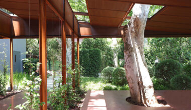 trees grow through this rust-colored coffee shed in a shanghai park