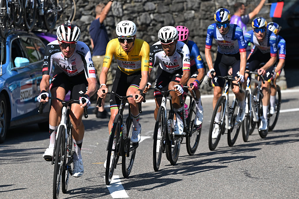 LOCARNO, SWITZERLAND - JUNE 18: Tadej Pogacar of Slovenia and UAE Team Emirates - XRG - Yellow Leader Jersey competes during the 89th Tour de Suisse 2026, Stage 2 a 157.7km stage from Locarno to Locarno / #UCIWT / on June 18, 2026 in Locarno, Switzerland. (Photo by Tim de Waele/Getty Images)