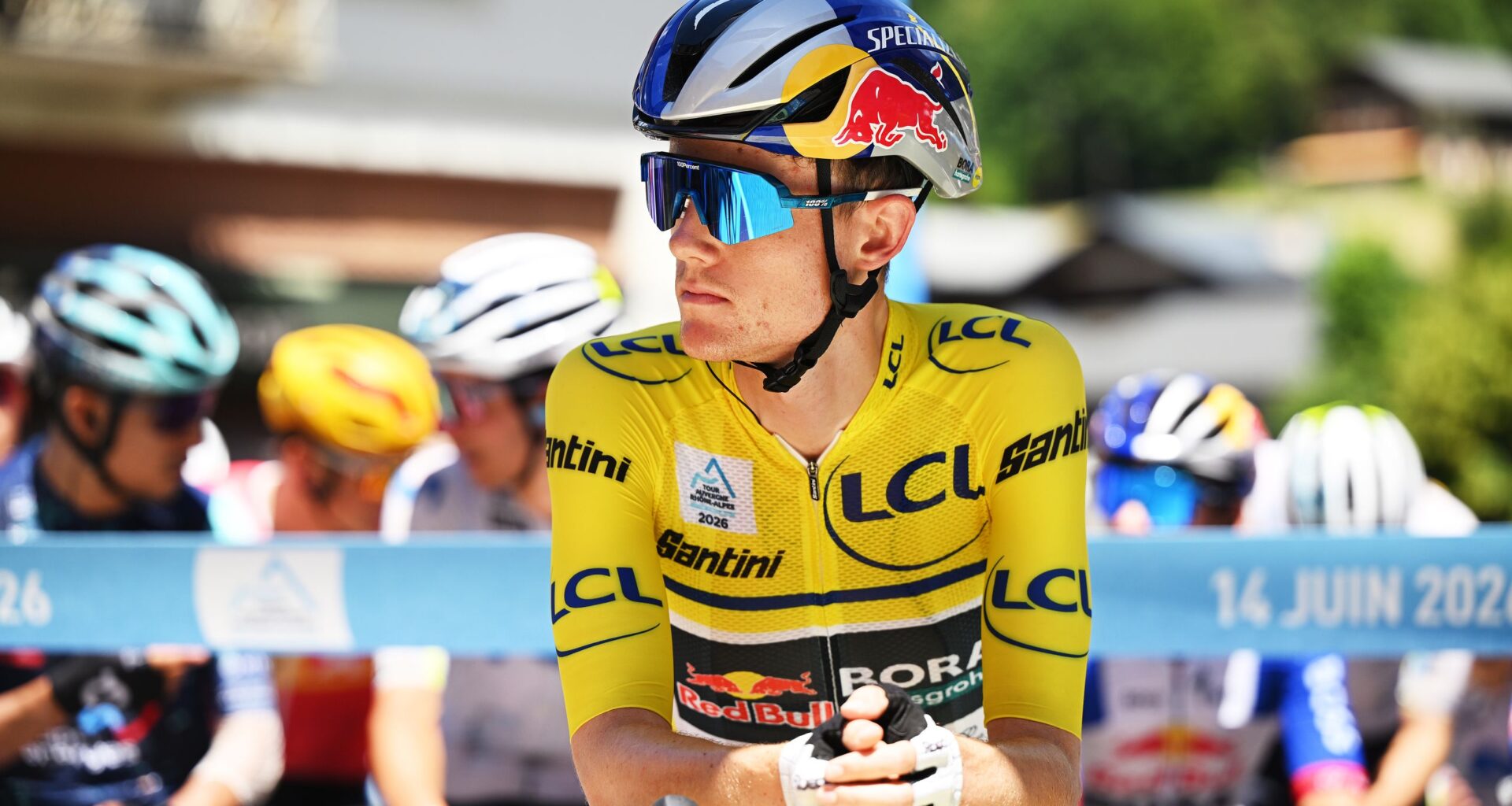 BEAUFORT, FRANCE - JUNE 14: Luke Tuckwell of Australia and Team Red Bull - BORA - hansgrohe - Yellow Leader Jersey prior to the 78th Tour Auvergne-Rhone-Alpes 2026, Stage 8 a 120.1km stage from Beaufort to Plateau de Solaison - Brison 1497m / #UCIWT / on June 14, 2026 in Beaufort, France. (Photo by Dario Belingheri/Getty Images)