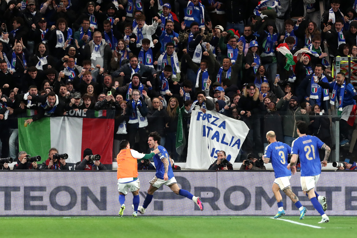 BERGAMO, ITALY - MARCH 26: Sandro Tonali of Italy celebrates scoring his team's first goal during the FIFA World Cup 2026 European Qualifiers KO play-offs match between Italy and Northern Ireland at Stadio di Bergamo on March 26, 2026 in Bergamo, Italy. (Photo by Marco Luzzani/Getty Images)