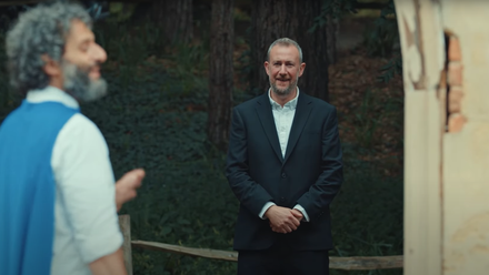 Alex Horne and Jason Mantzoukas laughing on the set of Taskmaster