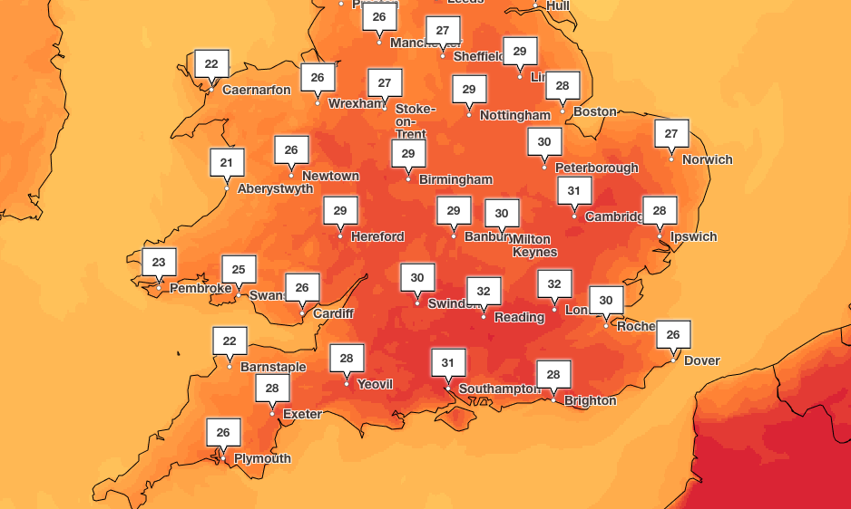 Temperatures will be scorching across England and Wales on Monday and Tuesday