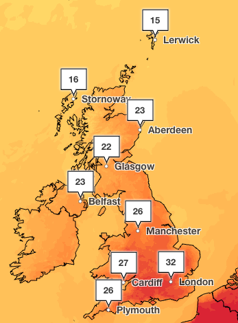 The south east of England will see peak temperatures in the thirties on Monday and Tuesday