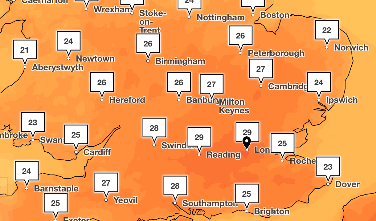 Temperatures will be in the mid to late 20s on Sunday at 4pm, the Met Office predicts