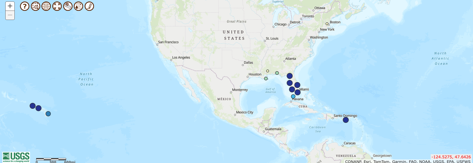 This screenshot of a U.S. Geological Survey map shows where cane toads have been reported in the U.S.