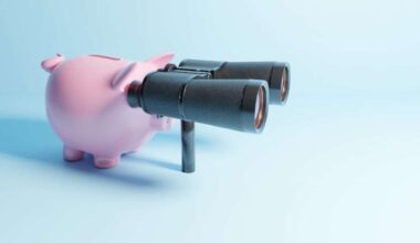 piggy bank, searching with binoculars