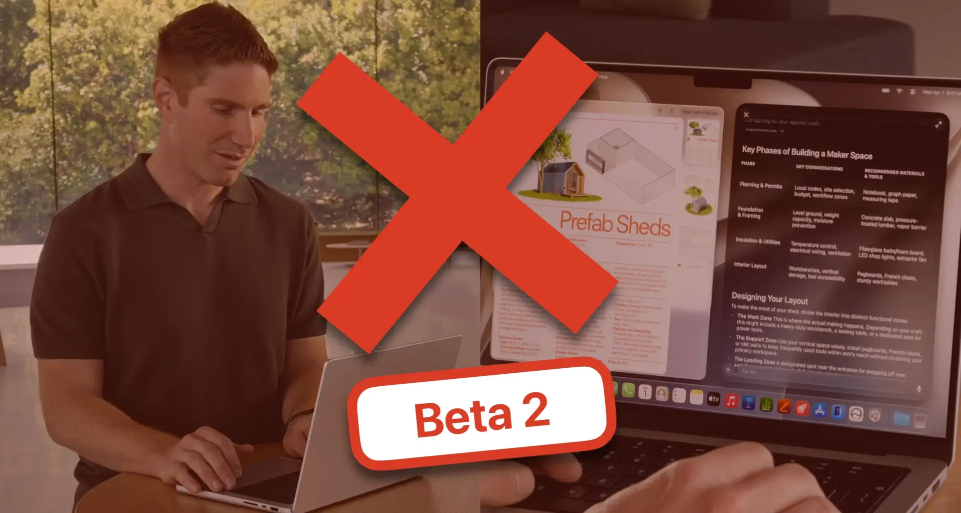 Graphic showing a big X over Siri AI running on the Mac, with a “Beta 2” label.