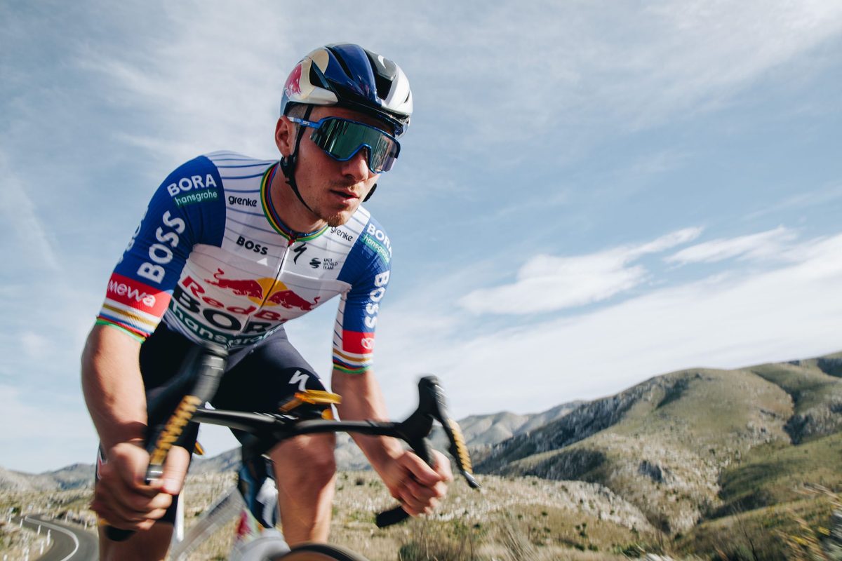 Remco Evenepoel of Red Bull - BORA - hansgrohe wearing the Specialized Evade 4 aero road helmet