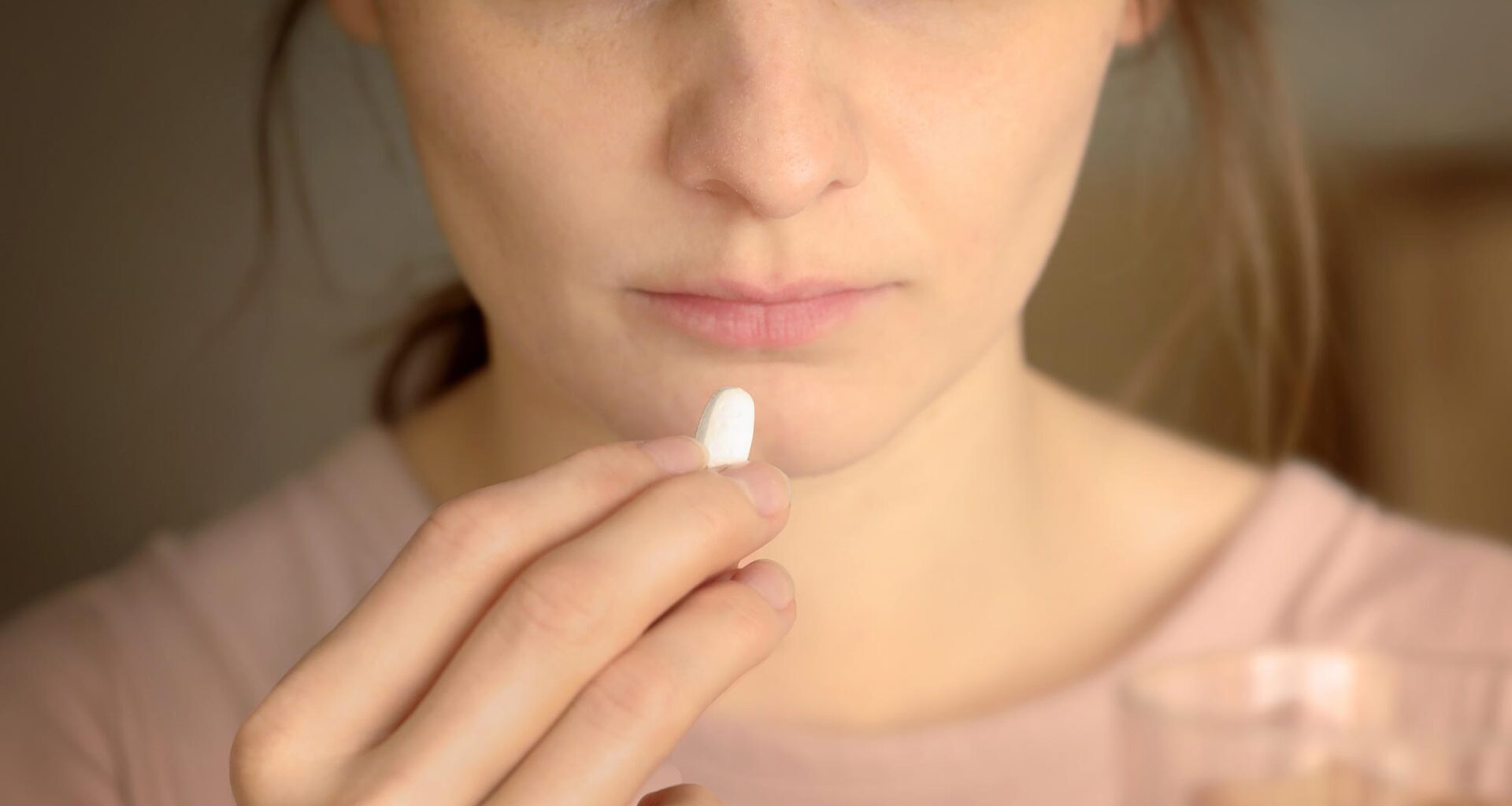 Stressed Tired Woman Taking Vitamin Painkiller Antidepressant Pill