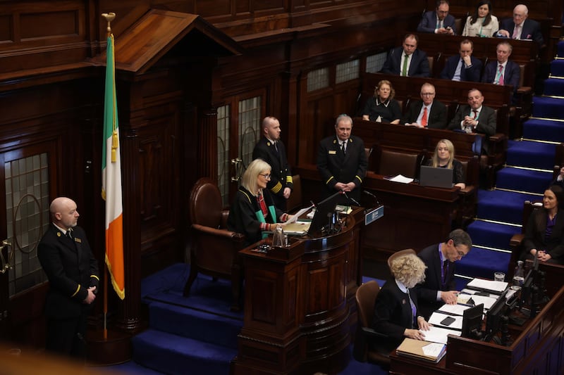 Ceann Comhairle Verona Murphy sits near the Tricolour in the Dáil chamber. Photograph: Maxwell’s