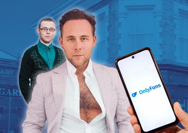 A collage of former EastEnders star Joshua Pascoe and a phone displaying the OnlyFans logo.