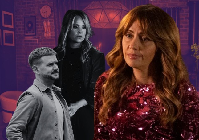 A Coronation Street collage featuring Maria Connor looking upset, next to Gary Windass and Sarah Platt.