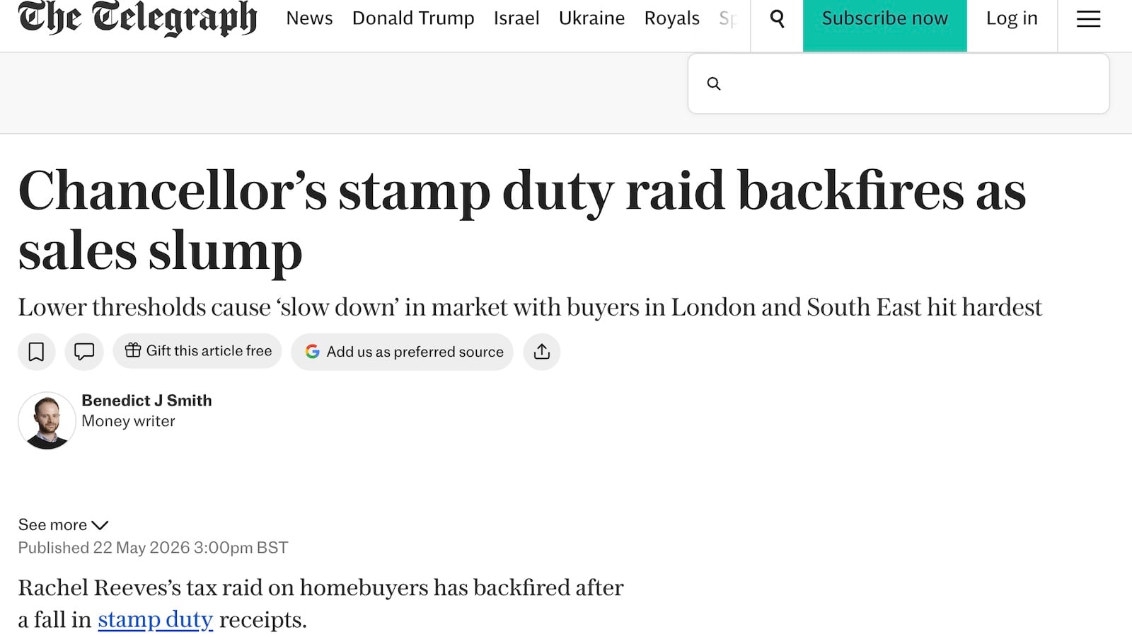 Telegraph headline: Chancellor’s stamp duty raid backfires as sales slump