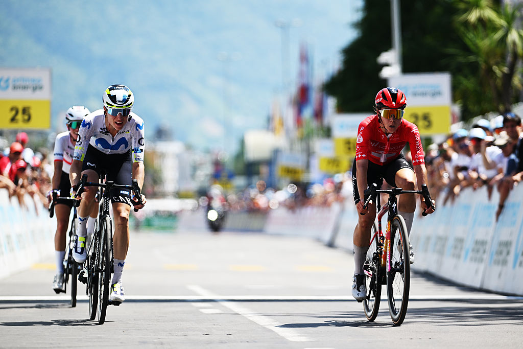 LOCARNO, SWITZERLAND - JUNE 18: (L-R) Marlen Reusser of Switzerland and Team Movistar and Steffi Haberlin of Switzerland and Team SD Worx - Protime cross the finish line during the 10th Tour de Suisse Women 2026, Stage 2 a 105.6km stage from Locarno to Locarno / #UCIWWT / on June 18, 2026 in Locarno, Switzerland. (Photo by Tim de Waele/Getty Images)