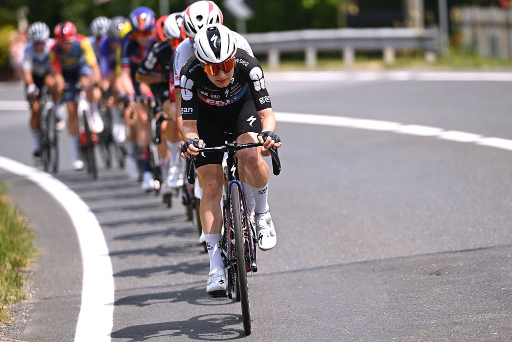 Eva Van Agt (FDJ United - SUEZ) leads the breakaway during stage 8 of the 2026 Giro d'Italia Women, a 106km stage from Rivoli to Sestriere, Italy. (Photo by Luc Claessen/Getty Images)