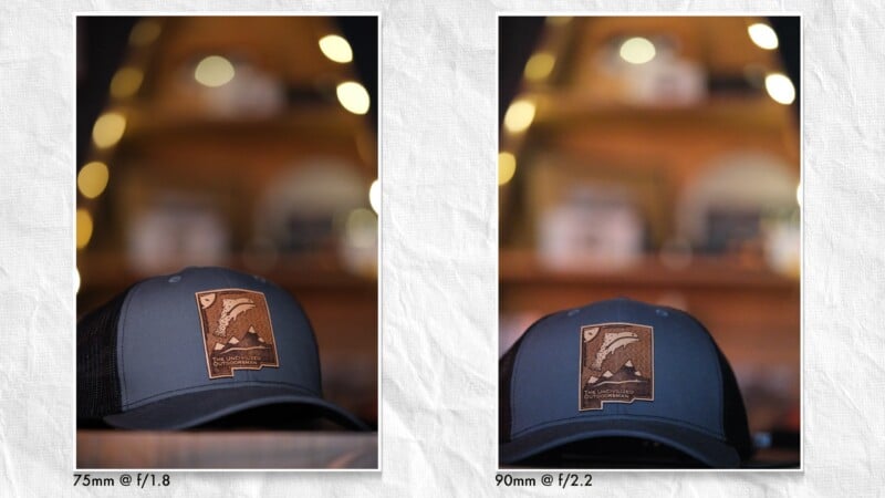 Side-by-side photos of a blue and black baseball cap with a leather patch, shown at different camera settings: left at 75mm f/1.8, right at 90mm f/2.2. The backgrounds are blurred in both images.