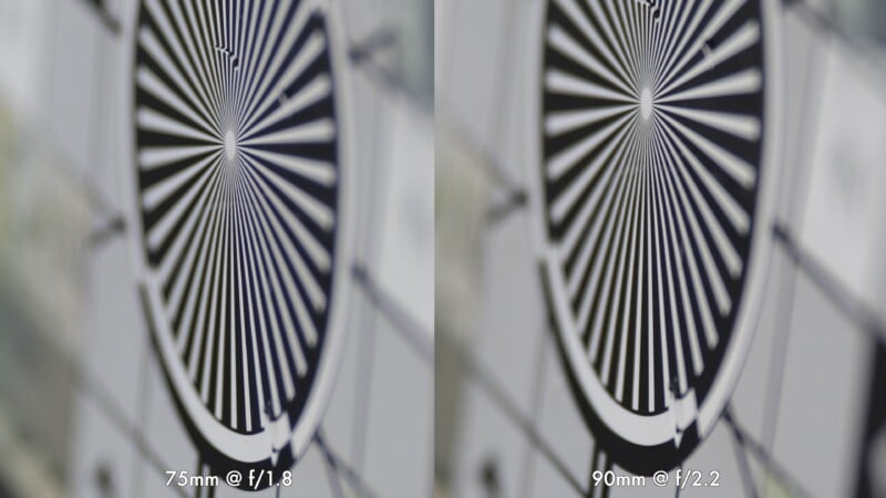 Side-by-side comparison of two circular black-and-white radial patterns, labeled "75mm @ f/1.8" on the left and "90mm @ f/2.2" on the right, showing differences in focus and depth of field.