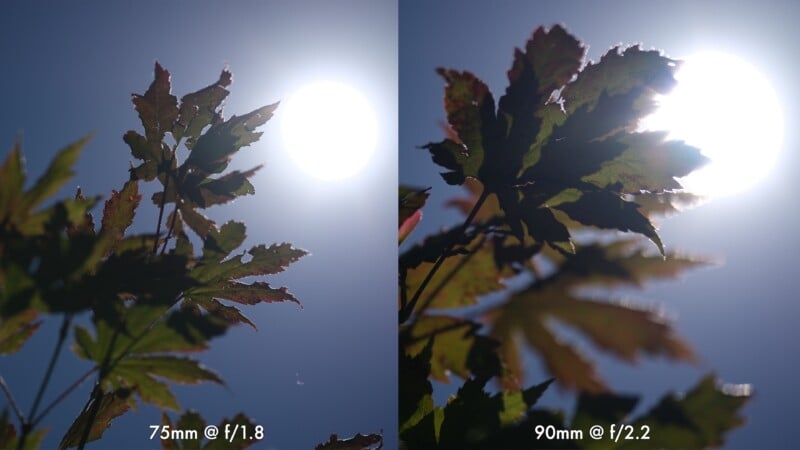 Two side-by-side photos of green leaves with the sun shining behind them. The left image is labeled "75mm @ f/1.8," and the right is labeled "90mm @ f/2.2." Both show bright sunlight and out-of-focus backgrounds.