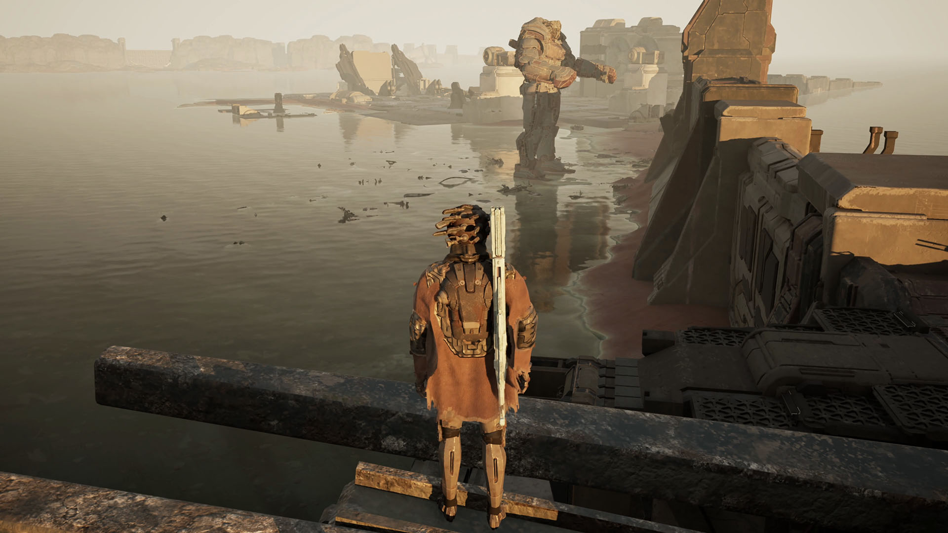 Gen Atlas - A robotic humanoid looking out over water at a mech in the distance.