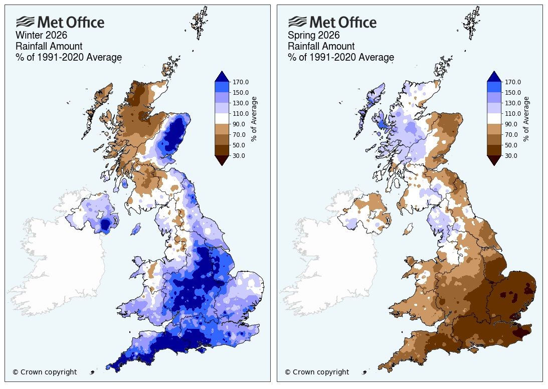 Map showing winter 2026 rainfall compared to spring 2026 rainfall and almost complete contrast in where rain fell. 
