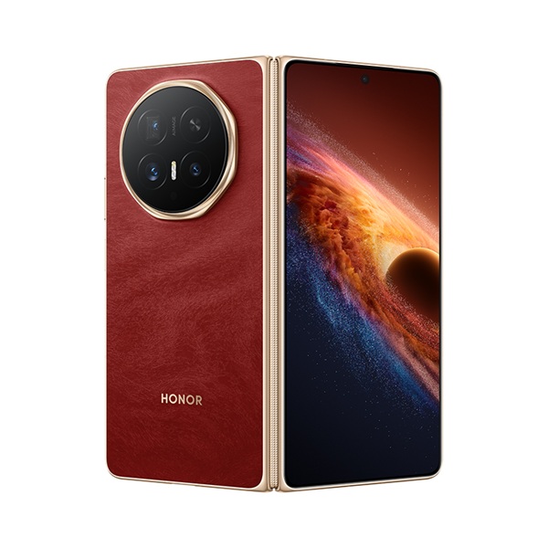 The Honor Magic V6 in a striking red edition colorway with a soft, wispy hair-like texture on its back panel.