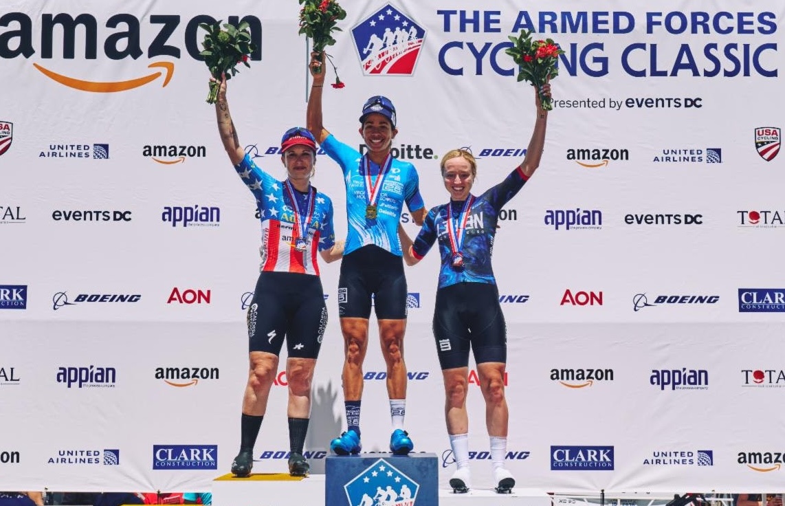 2026 Amazon Armed Forces Cycling Classic women's podium (L to R): Kendall Ryan second, winner Marlies Mejías and Skylar Schneider third