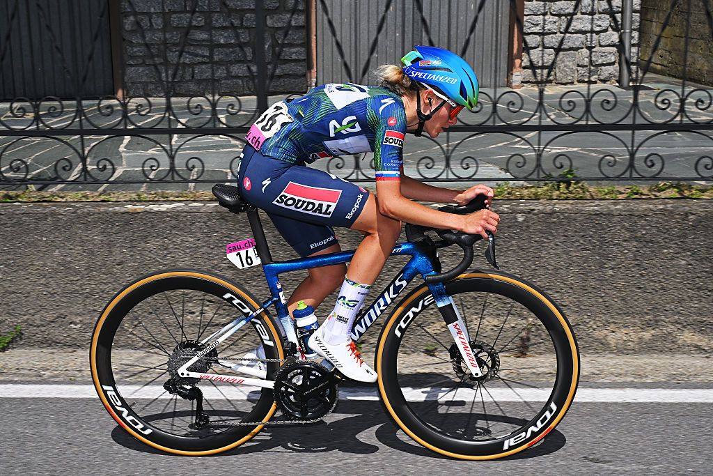 SONDRIO, ITALY - JUNE 17: Urska Zigart of Slovenia and Team AG Insurance - Soudal competes in the breakaway during the 10th Tour de Suisse Women 2026, Stage 1 a 109.3km stage from Sondrio to Sondrio / #UCIWWT / on June 17, 2026 in Sondrio, Italy. (Photo by Tim de Waele/Getty Images)