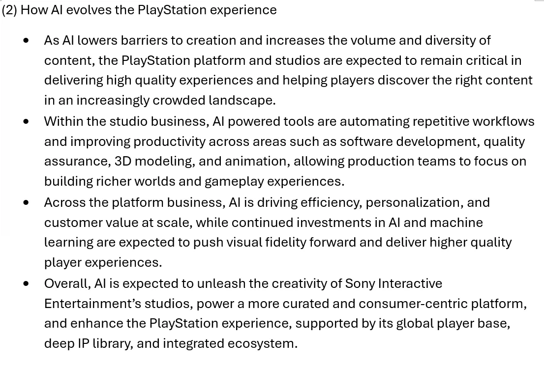 Sony strategy slide "How AI evolves the PlayStation experience," outlining AI's role in game development, content discovery, productivity, personalization and more