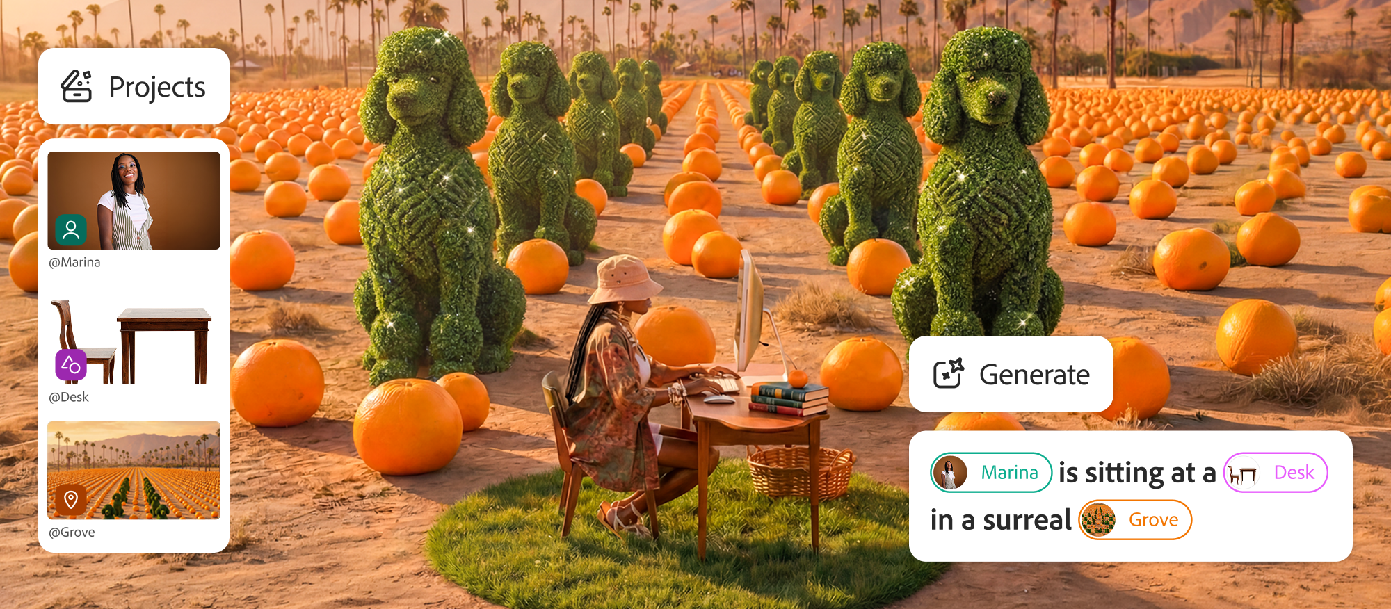 The Adobe Firefly Projects interface showing a woman working at a desk surrounded by rows of giant topiary poodles in an orange grove, with saved Elements for a character, a desk and a location visible in the panel on the left.