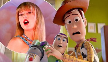 Taylor Swift alongside Woody and Buzz Lightyear from Toy Story 5
