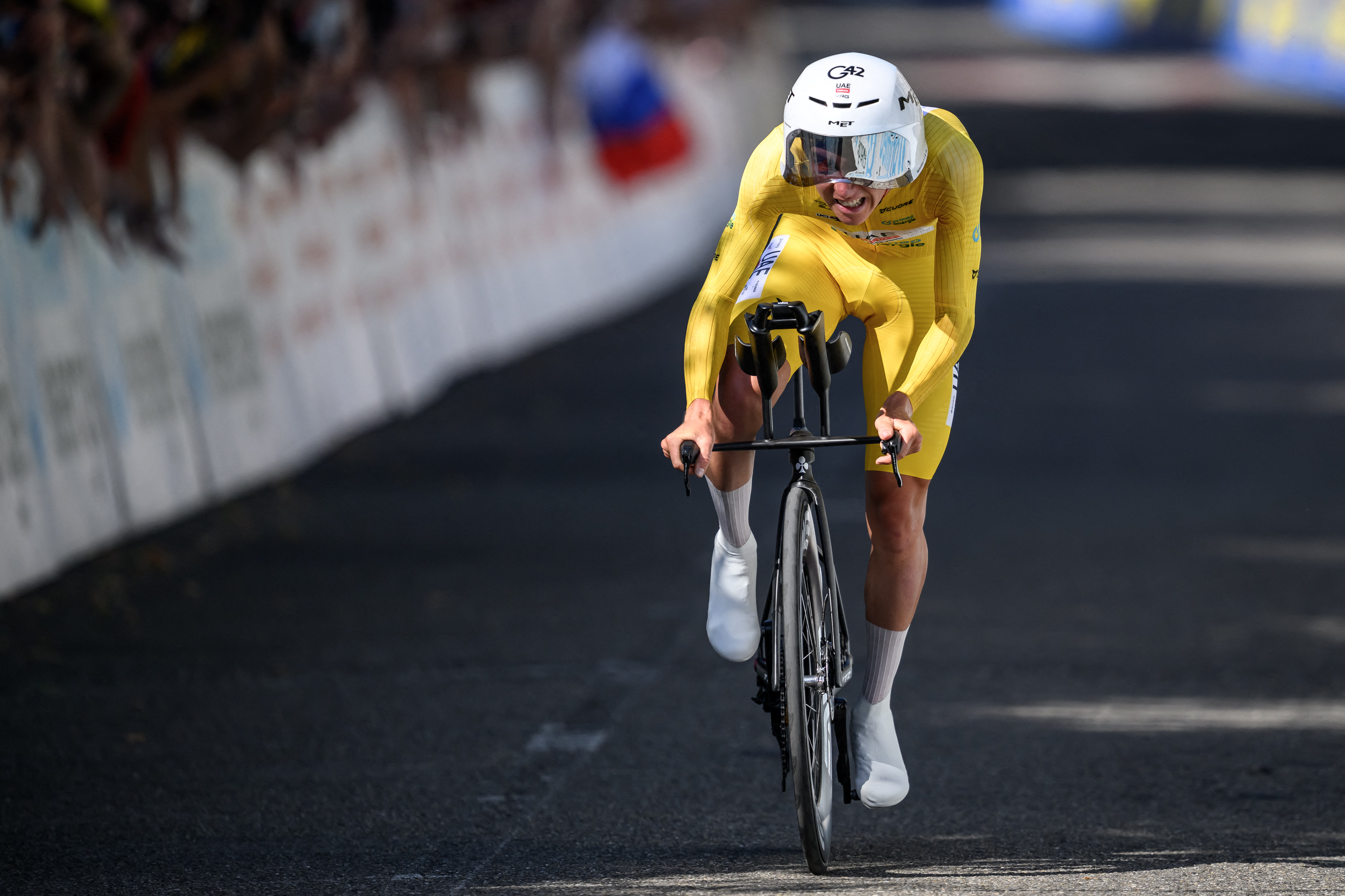 UAE Team Emirates-XRG's Slovenian rider Tadej Pogacar competes during the fourth stage, a 23.7 km time trial from Aarburg to Aarburg, at the Men's Tour of Switzerland (Tour de Suisse) cycling race in Aarburg, Switzerland, on June 20, 2026. (Photo by Fabrice COFFRINI / AFP)