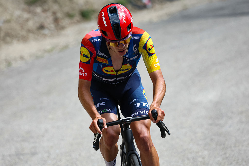 Lidl-Trek's Spanish rider Juan Ayuso cycles in a breakaway in the final ascent of Grand Colombier during the 7th stage of the Tour Auvergne-Rhone-Alpes cycling race (formerly known as the Criterium du Dauphine), 133,6km between La Bridoire and Grand Colombier in the French Alps on June 13, 2026. (Photo by Anne-Christine POUJOULAT / AFP)