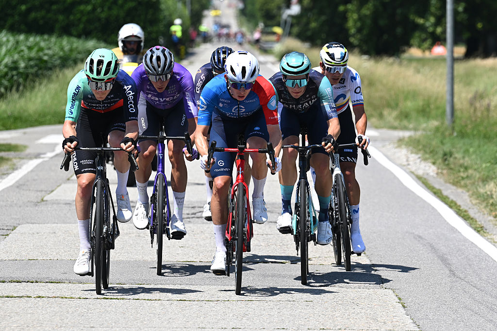 LOCARNO, SWITZERLAND - JUNE 18: (L-R) Paul Lapeira of France and Team Decathlon CMA CGM, Romain Gregoire of France and Team Groupama - FDJ United and Alec Segaert of Belgium and Team Bahrain - Victorious compete in the breakaway during the 89th Tour de Suisse 2026, Stage 2 a 157.7km stage from Locarno to Locarno / #UCIWT / on June 18, 2026 in Locarno, Switzerland. (Photo by Tim de Waele/Getty Images)
