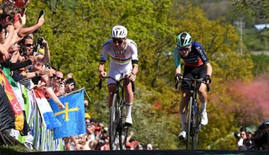 Tadej Pogacar and Paul Seixas of France and Team Decathlon CMA CGM compete in the breakaway climbing the Cote de la Redoute (292m) during the 112th Liege - Bastogne - Liege 2026