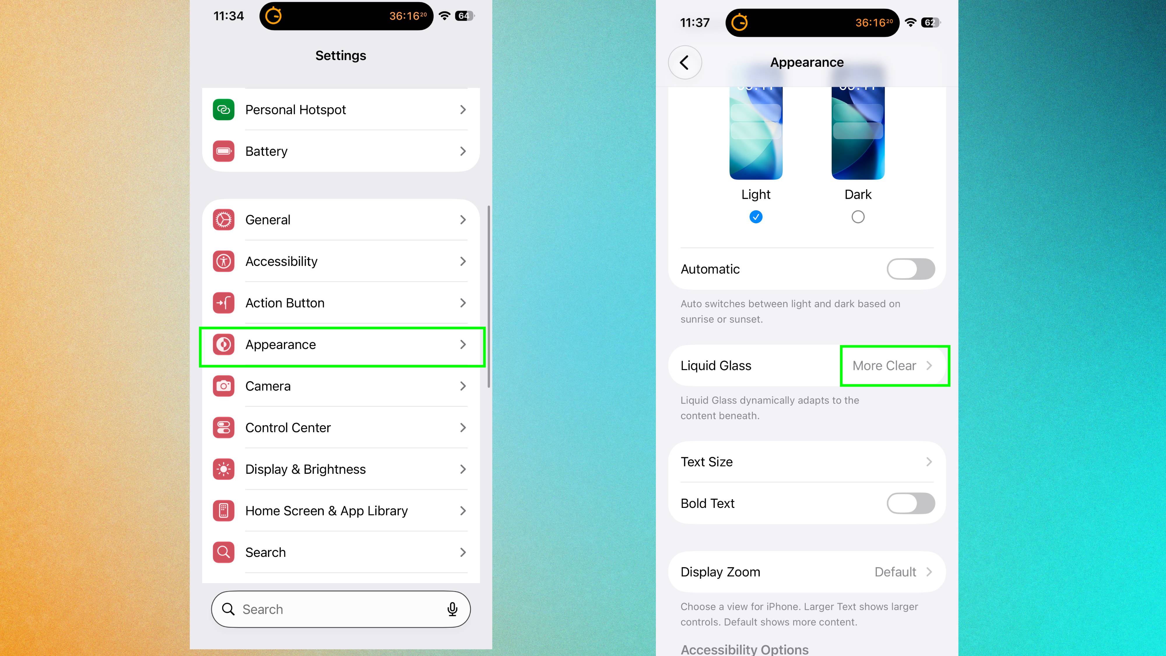 Liquid glass settings on iPhone