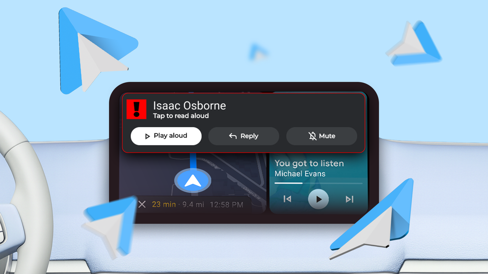 A car dashboard display showing a large Android Auto notification.