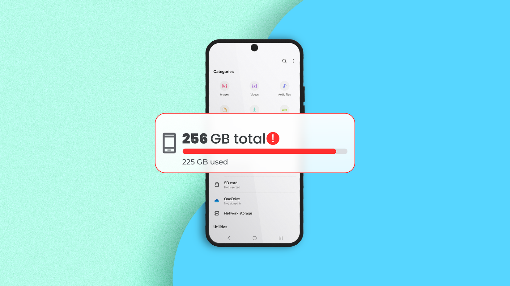 A smartphone screen displaying a red storage warning notification showing 225 GB used out of 256 GB total.