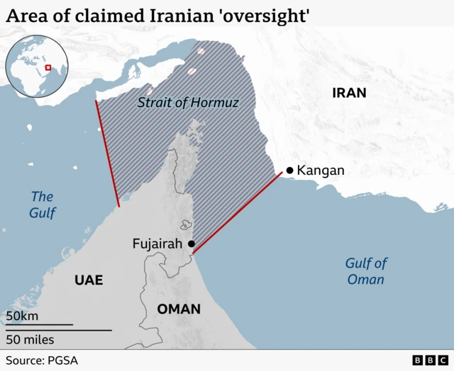 A BBC graphic outlining an area in the Strait of Hormuz over which Iran claims to have control