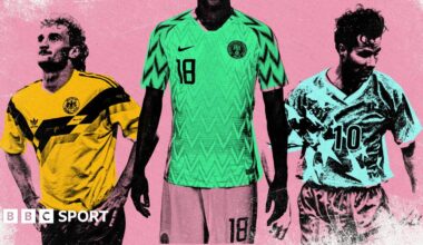 Graphic showing shirts of West Germany 1990, Nigeria 2018 and USA 1994