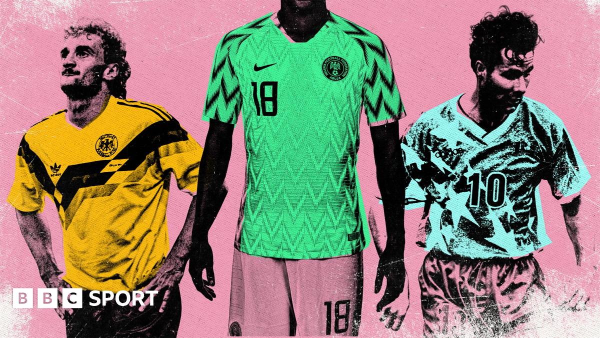 Graphic showing shirts of West Germany 1990, Nigeria 2018 and USA 1994