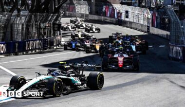 Mercedes' Kimi Antonelli leads the field at the start of the Monaco Grand Prix