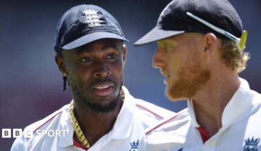 Jofra Archer and Ben Stokes pictured on the field during the Ashes