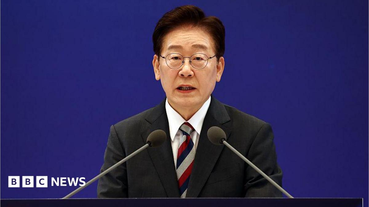 South Korean President Lee Jae-myung speaking during a news conference at the presidential Blue House in Seoul