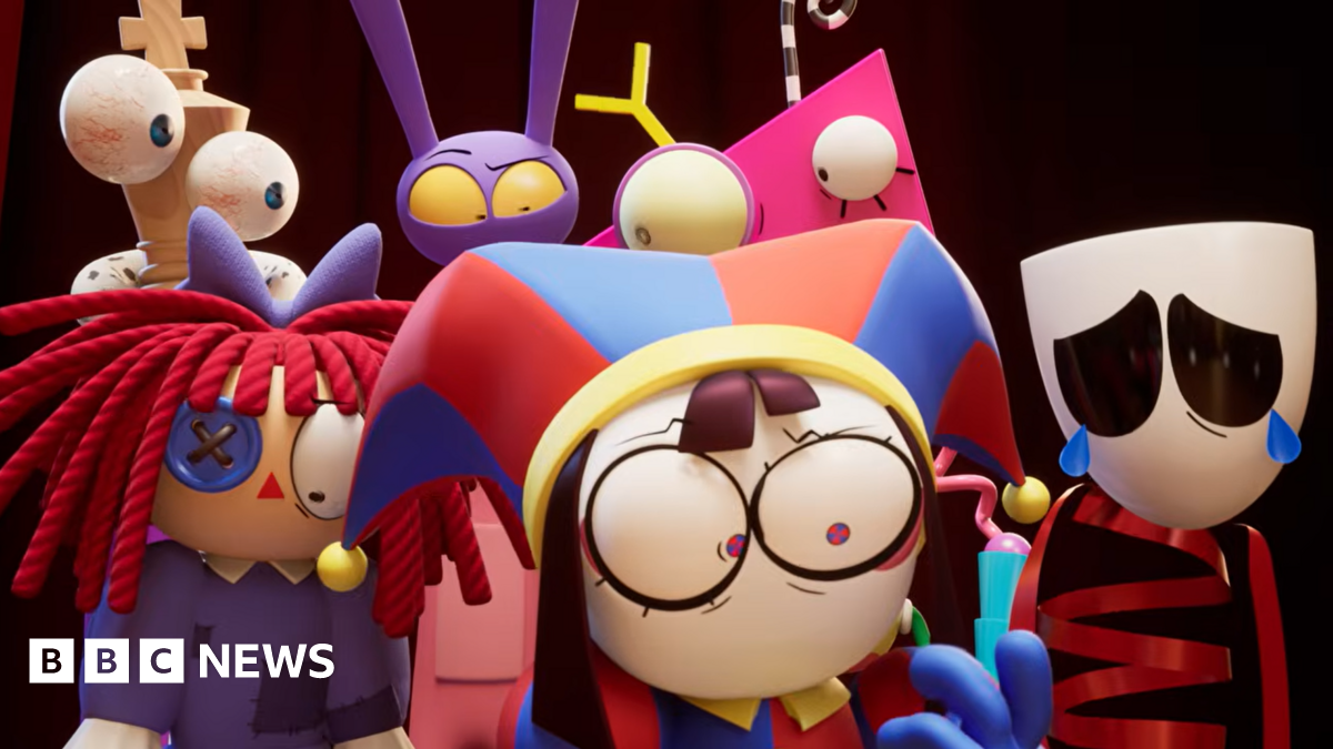 A screenshot showing the computer animated cartoon character main cast of The Amazing Digital Circus. They include a jester character, a ragdoll with red hair and a button for an eye, a king chess piece with a pair of large eyeballs, a purple character with rabbit eyes, and a pink triangle with eyes and protruding limbs.